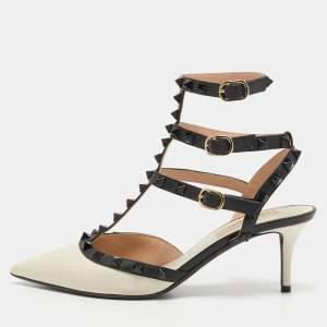 Pre Owned Valentino White/Black Leather Rockstud Ankle Strap Pumps Size 36.5