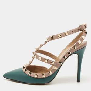 Pre Owned Valentino Teal/Pink Leather Rockstud Ankle Strap Pumps Size 35