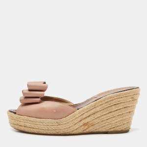 Pre Owned Valentino Pink Leather Studded Bow Espadrille Slide Sandals Size 40.5