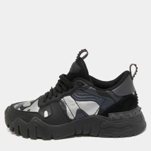 Pre Owned Valentino Black/Grey Camo Print Canvas and Leather Rockrunner Plus Sneakers Size 39
