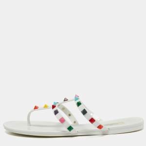 Pre Owned Valentino White Jelly Rockstud Slide Flats Size 38