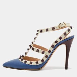 Pre Owned Valentino Blue/White Leather Rockstud Ankle Strap Pumps Size 36