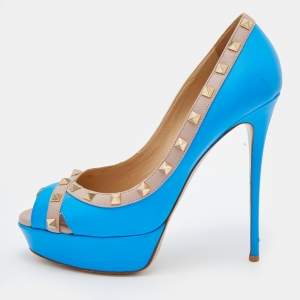 Pre Owned Valentino Blue/Beige Leather Rockstud Peep Toe Platform Pumps Size 40