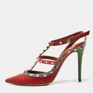 Pre Owned Valentino Multicolor Leather Rockstud Ankle Strap Pumps Size 40