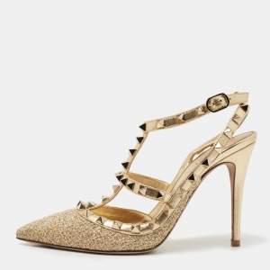 Pre Owned Valentino Gold Leather and Fabric Rockstud  Ankle Strap Pumps Size 37.5