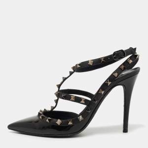 Pre Owned Valentino Black Patent and Leather Rockstud Caged Pumps Size 39