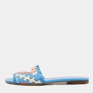 Valentino Blue/White Printed Canvas and Leather Trim Flat Slides Size 39.5