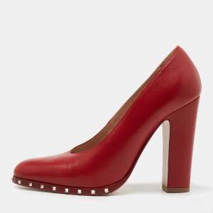 Pre Owned Valentino Red Leather Soul Rockstud Block Heel Pumps Size 39.5