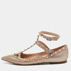 Pre Owned Valentino Beige Metallic Leather Rockstud Ankle Strap Ballet Flats Size 37