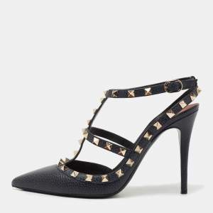 Pre Owned Valentino Navy Blue Leather Rockstud Ankle Strap Pumps Size 39.5