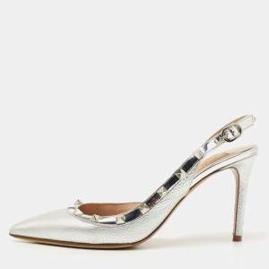 Valentino Silver Leather Rockstud D'orsay Slingback Pumps Size 38