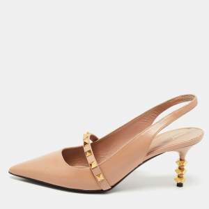 Pre Owned Valentino Beige Leather Rockstud Slingback Pumps Size 37.5 