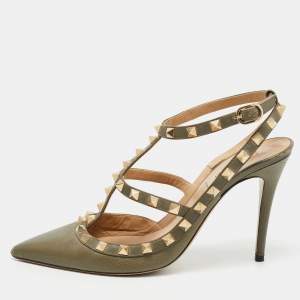 Pre Owned Valentino Army Green Leather Rockstud Ankle Strap Pumps Size 38.5