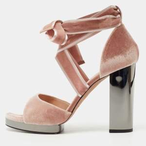 Pre Owned Valentino Pink Velvet Ankle Wrap Block Heel Sandals Size 40.5