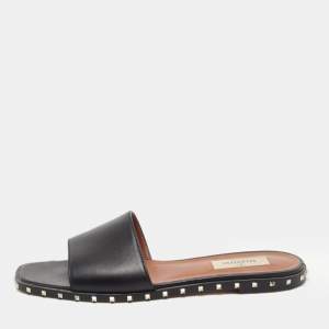 Pre Owned Valentino Black Leather Soul Rockstud Flat Slides Size 37.5