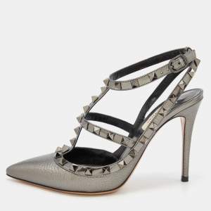 Pre Owned Valentino Metallic Grey Leather Rockstud Caged Ankle Strap Pumps Size 37.5
