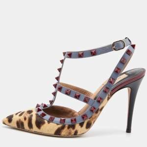 Pre Owned Valentino Multicolor Calf Hair and Leather Rockstud Caged Ankle Strap Pumps Size 38