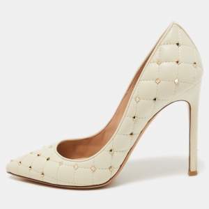 Pre Owned Valentino Cream Quilted Leather Rockstud Embellished Pointed Toe Pumps Size 36