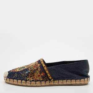 Pre Owned Valentino Navy Blue Leather and Floral Lace Espadrille Flats Size 38