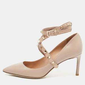 Pre Owned Valentino Dusty Pink Leather Rockstud Ankle Wrap Pointed Toe Pumps Size 37.5
