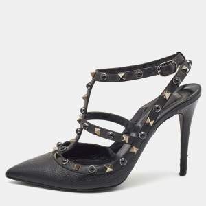Pre Owned Valentino Black Leather Rolling Rockstud Ankle Strap Pumps Size 38