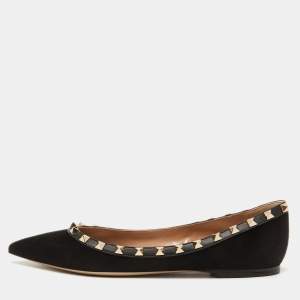 Pre Owned Valentino Black Suede Rockstud Ballet Flats Size 38.5