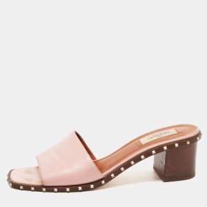 Valentino Pink Leather Rockstud Slide Sandals Size 39