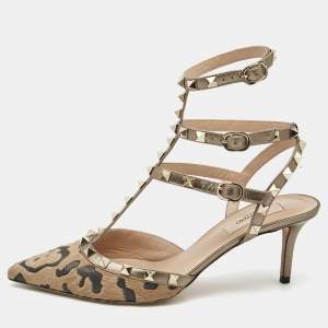 Pre Owned Valentino Brown/Beige Calf Hair and Leather Ankle Strap Rockstud Pumps Size 38.5
