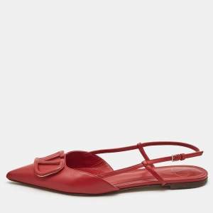 Pre Owned Valentino Red Leather Escape VLogo Slingback Flats Size 38.5
