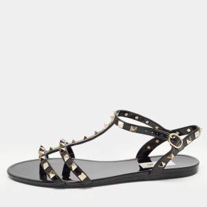 Pre Owned Valentino Black Rubber Rockstud Ankle Strap Flat Sandals Size 39