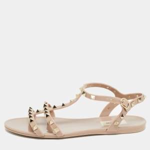 Pre Owned Valentino Dusty Pink Rubber Rockstud Ankle Strap Sandals Size 39