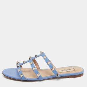 Valentino Blue Leather Rockstud Flat Slides Size 37