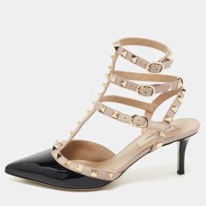 Pre Owned Valentino Black/Beige Patent and Leather Rockstud Pumps Size 36.5