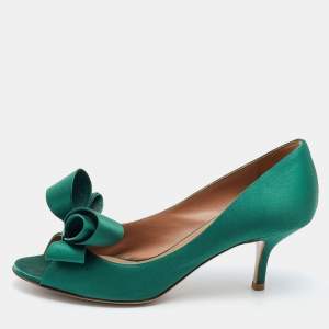 Pre Owned Valentino Green Satin Bow Peep Toe Platform Pumps Size 37