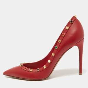 Pre Owned Valentino Red Leather Rockstud Pumps Size 40.5