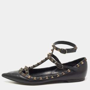 Pre Owned Valentino Black Leather Rockstud Ankle Strap Ballet Flats Size 37