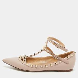 Pre Owned Valentino Dusty Pink Leather Rockstud Ankle Strap Ballet Flats Size 37.5