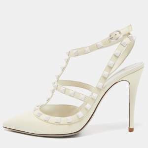 Pre Owned Valentino Off White Leather Rockstud Ankle Strap Pumps Size 38