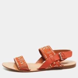 Pre Owned Valentino Orange Suede and Leather Crystal Embellished Flat Sandals Size 40