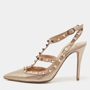 Pre Owned Valentino Metallic Bronze/Beige Leather Rockstud Pumps Size 38.5