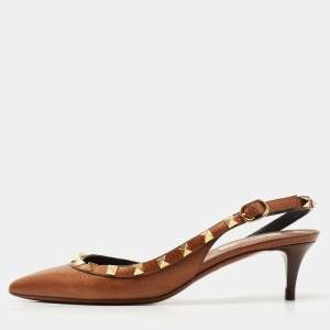 Pre Owned Valentino Brown Leather Rockstud Slingback Pumps Size 36.5
