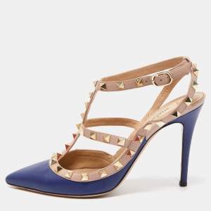 Pre Owned Valentino Blue/Dusty Pink Leather Rockstud Ankle Strap Pumps Size 37.5