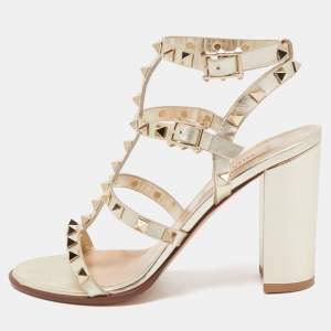 Valentino Gold Foil Leather Rockstud Strappy Block Heel Sandals Size 37