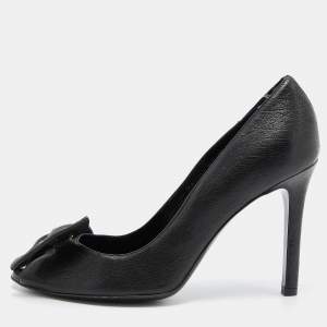 Pre Owned Valentino Black Leather Bow Peep Toe Pumps Size 38.5