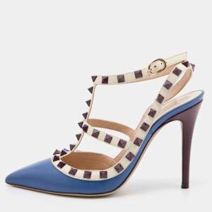 Pre Owned Valentino Blue/White Leather Rockstud Ankle Strap Pumps Size 37