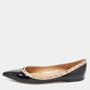 Pre Owned Valentino Black Patent Leather Rockstud Ballet Flats Size 39.5