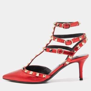 Valentino Metallic Red Leather Rockstud Ankle Strap Pumps Size 36.5 