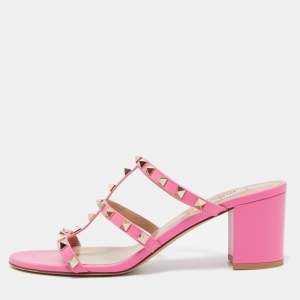 Valentino Pink Leather Rockstud Slide Sandals Size 40