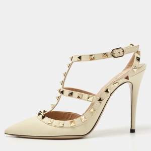 Valentino Cream Leather Rockstud Ankle Strap Pumps Size 39