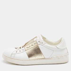Pre Owned Valentino White/Gold Leather Rockstud Low Top Open Sneakers Size 40